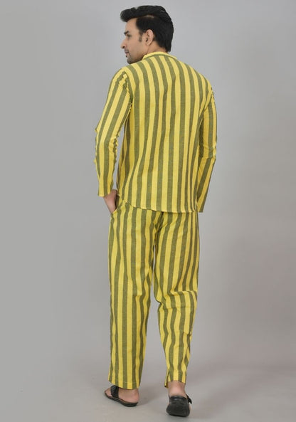 Men Cotton Stripe Co-ord Set Yellow Brown-48592