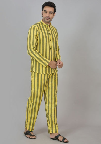 Men Cotton Stripe Co-ord Set Yellow Brown-48592