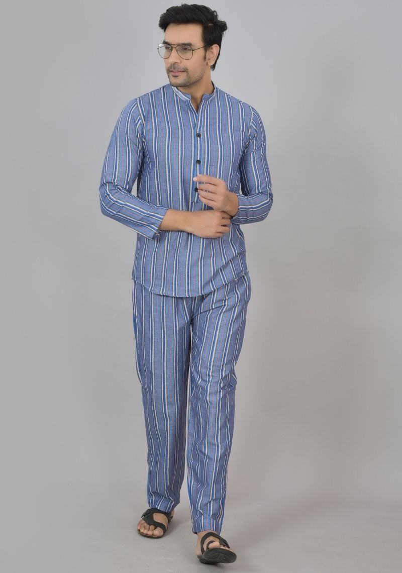 Men Cotton Stripe Co-ord Set Blue Black-48594