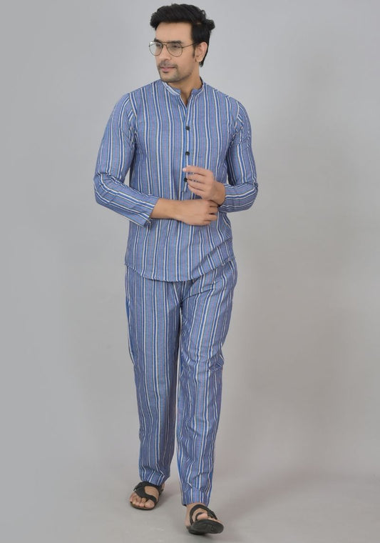 Men Cotton Stripe Co-ord Set Blue Black-48594