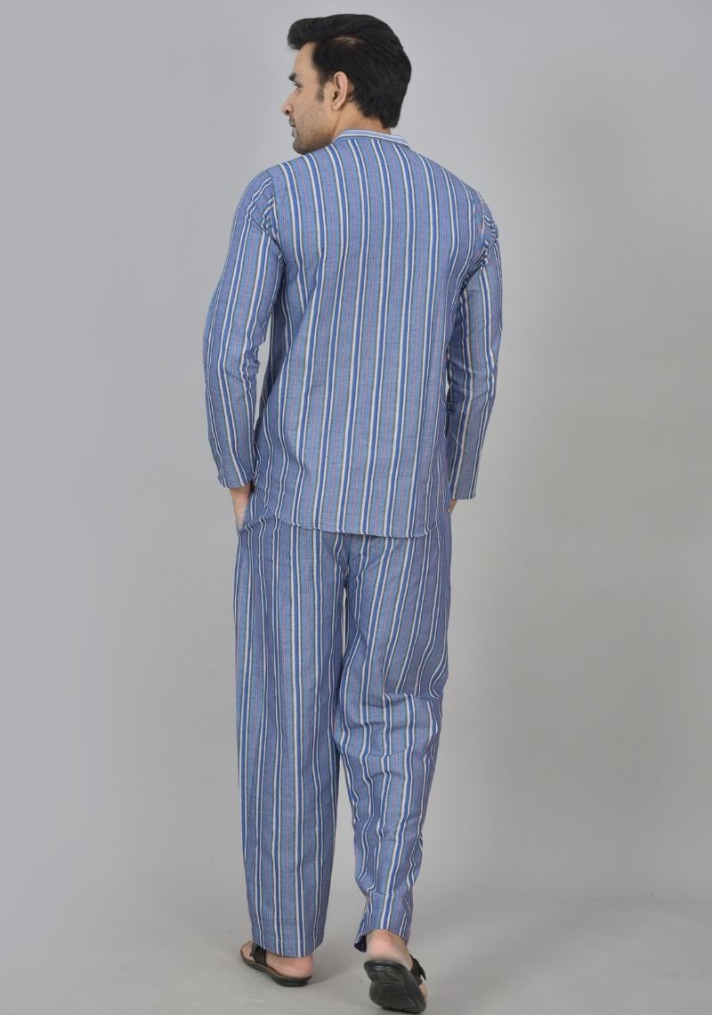 Men Cotton Stripe Co-ord Set Blue Black-48594