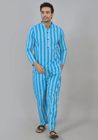 Men Cotton Stripe Co-ord Set Blue Sky Blue-48597