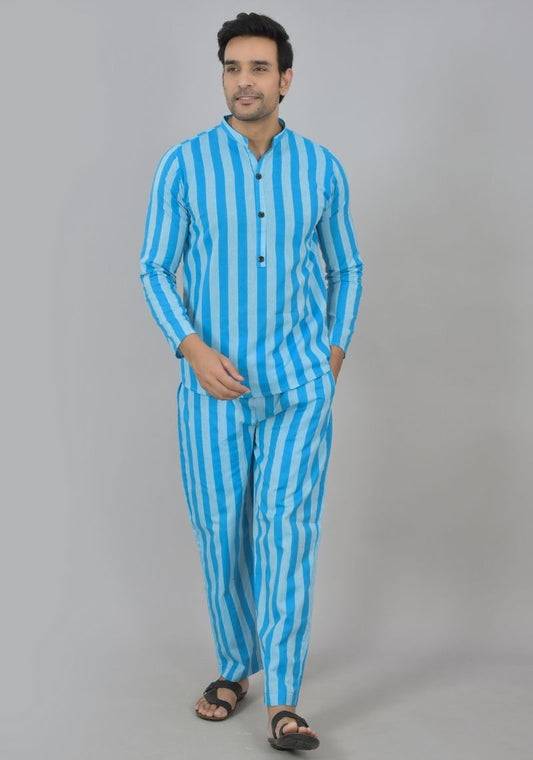 Men Cotton Stripe Co-ord Set Blue Sky Blue-48597