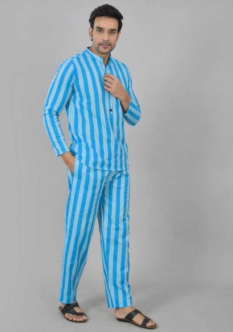 Men Cotton Stripe Co-ord Set Blue Sky Blue-48597