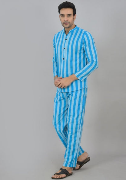 Men Cotton Stripe Co-ord Set Blue Sky Blue-48597
