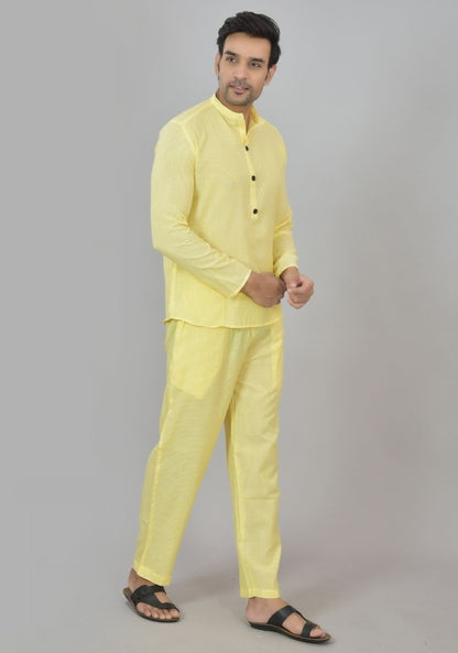 Men Cotton Stripe Co-ord Set Yellow White-48600