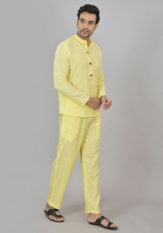 Men Cotton Stripe Co-ord Set Yellow White-48600