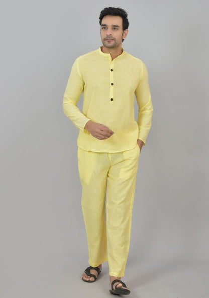 Men Cotton Stripe Co-ord Set Yellow White-48600