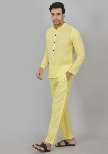 Men Cotton Stripe Co-ord Set Yellow White-48600
