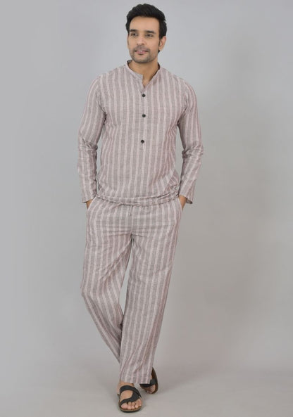 Men Cotton Stripe Co-ord Set Gray Pink-48603