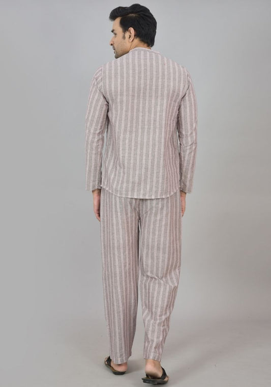 Men Cotton Stripe Co-ord Set Gray Pink-48603