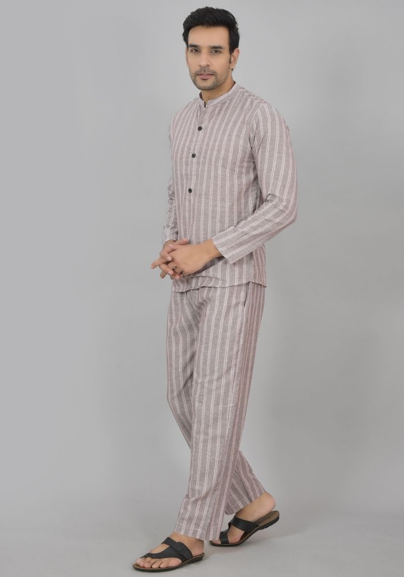 Men Cotton Stripe Co-ord Set Gray Pink-48603