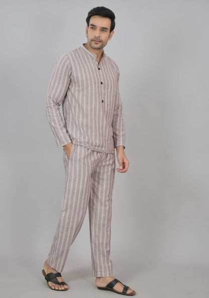 Men Cotton Stripe Co-ord Set Gray Pink-48603