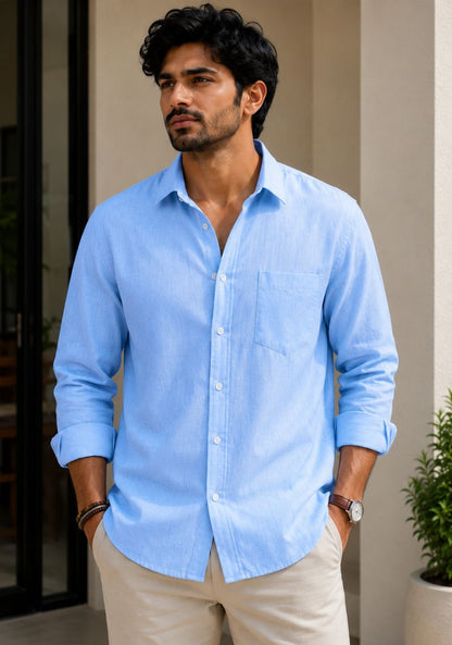 Sky Blue Linen Relaxed Fit Full Sleeve Shirt-51888