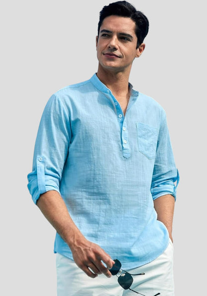 Sky Blue Linen Solid Short Kurta-50836