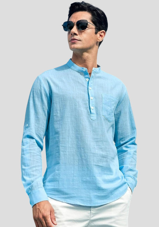 Sky Blue Linen Solid Short Kurta-50836
