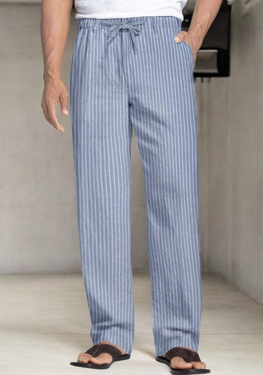 Sky Blue and White Linen Regular Fit Pant-49383