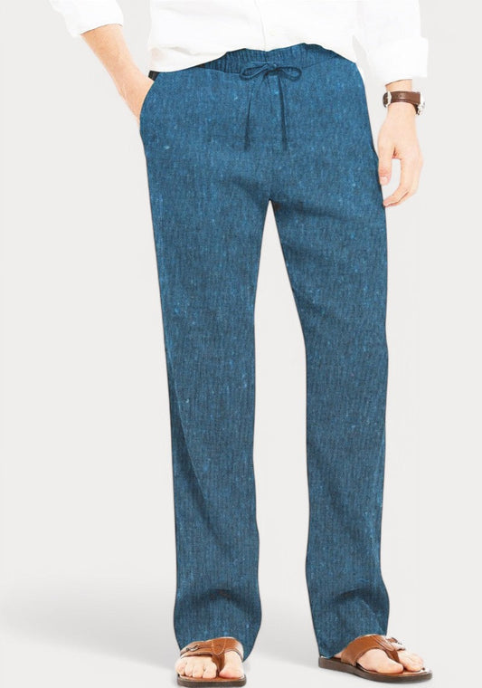 Teal Blue Cotton Linen Loose Fit Men Pant-49515