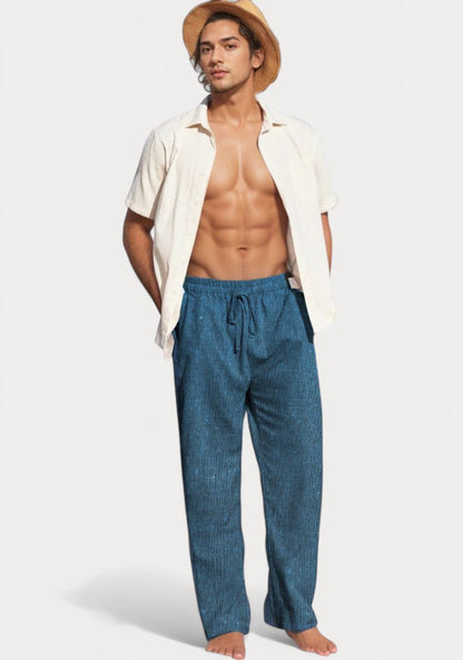 Teal Blue Cotton Linen Loose Fit Men Pant-49515