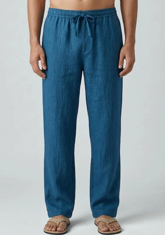Teal Blue Linen Loose Fit Men Pant-51895