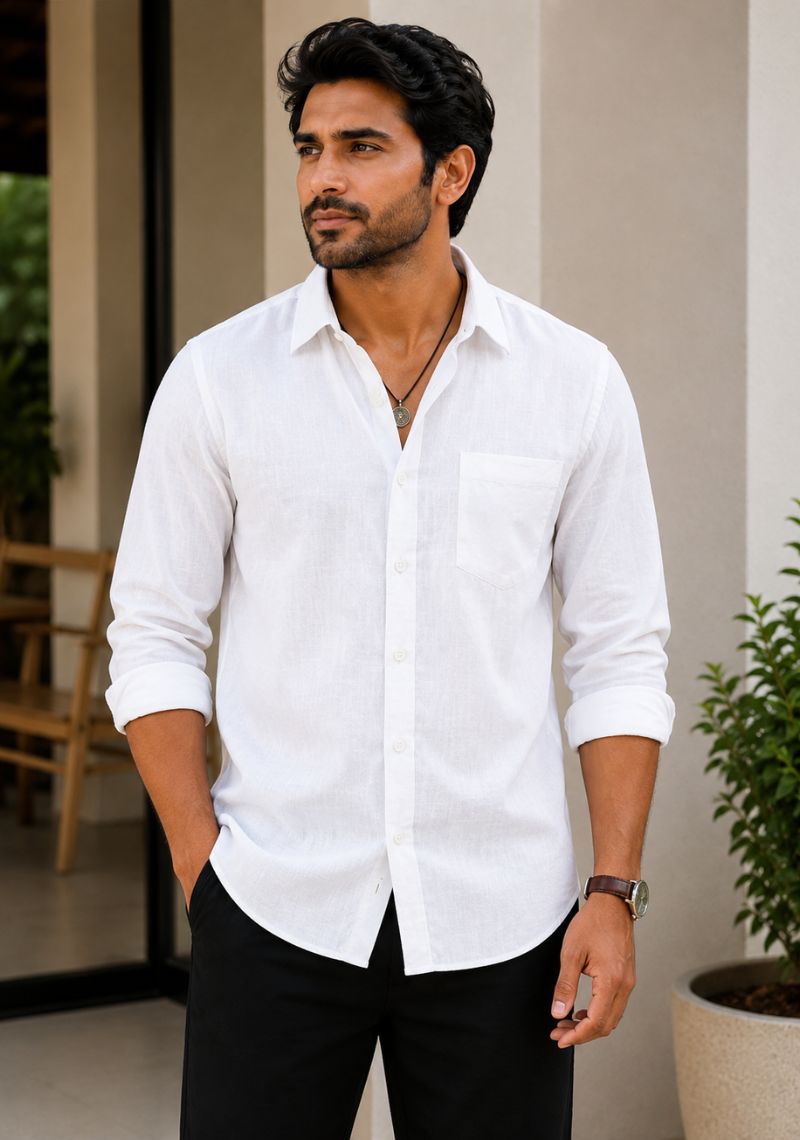 White Linen Relaxed Fit Full Sleeve Shirt-51878