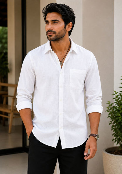 White Linen Relaxed Fit Full Sleeve Shirt-51878