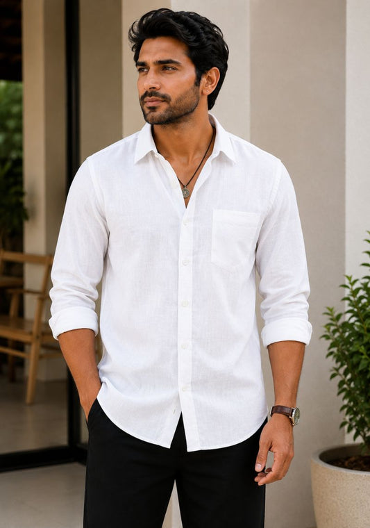 White Linen Relaxed Fit Full Sleeve Shirt-51878