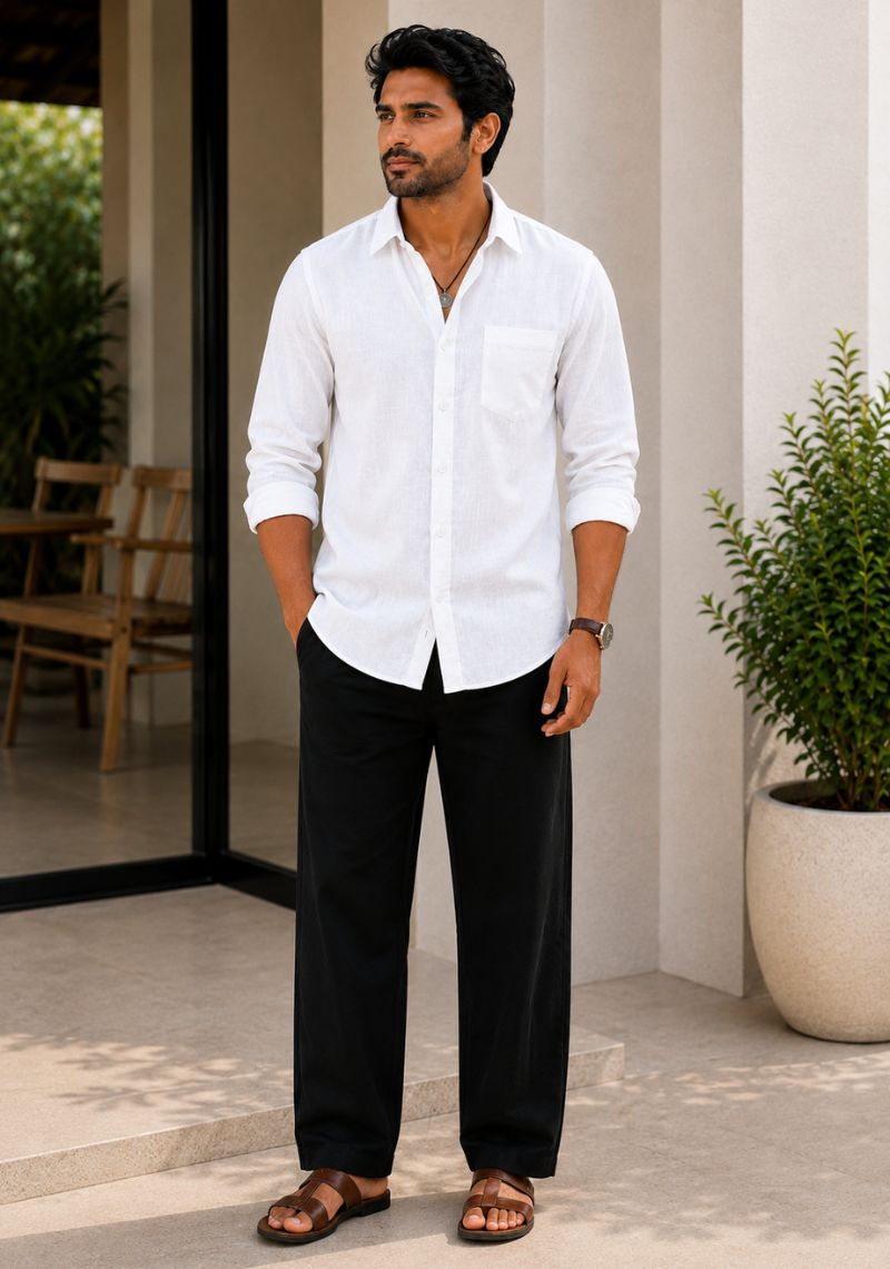 White Linen Relaxed Fit Full Sleeve Shirt-51878