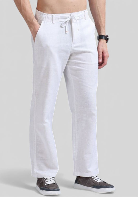 White Premium Linen Relaxed Fit Loose Fit Men Trouser-50470