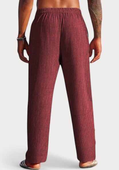 Wine Cotton Linen Loose Fit Men Pant-49508