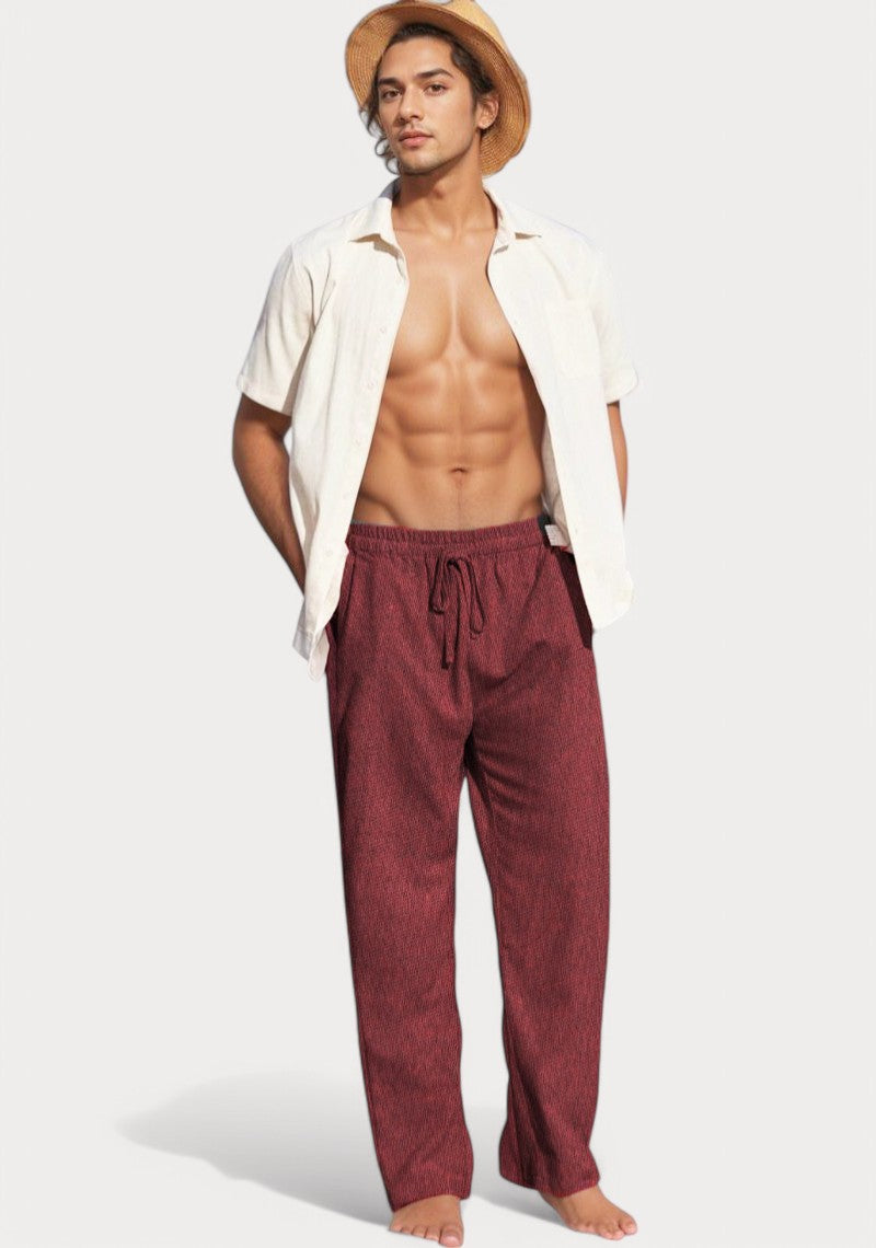 Wine Cotton Linen Loose Fit Men Pant-49508